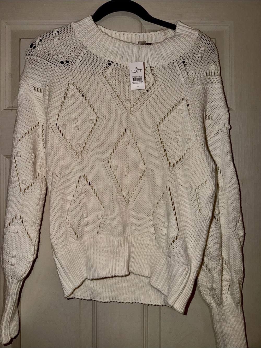 LOFT Cream Open-Knit Diamond Crewneck Sweater